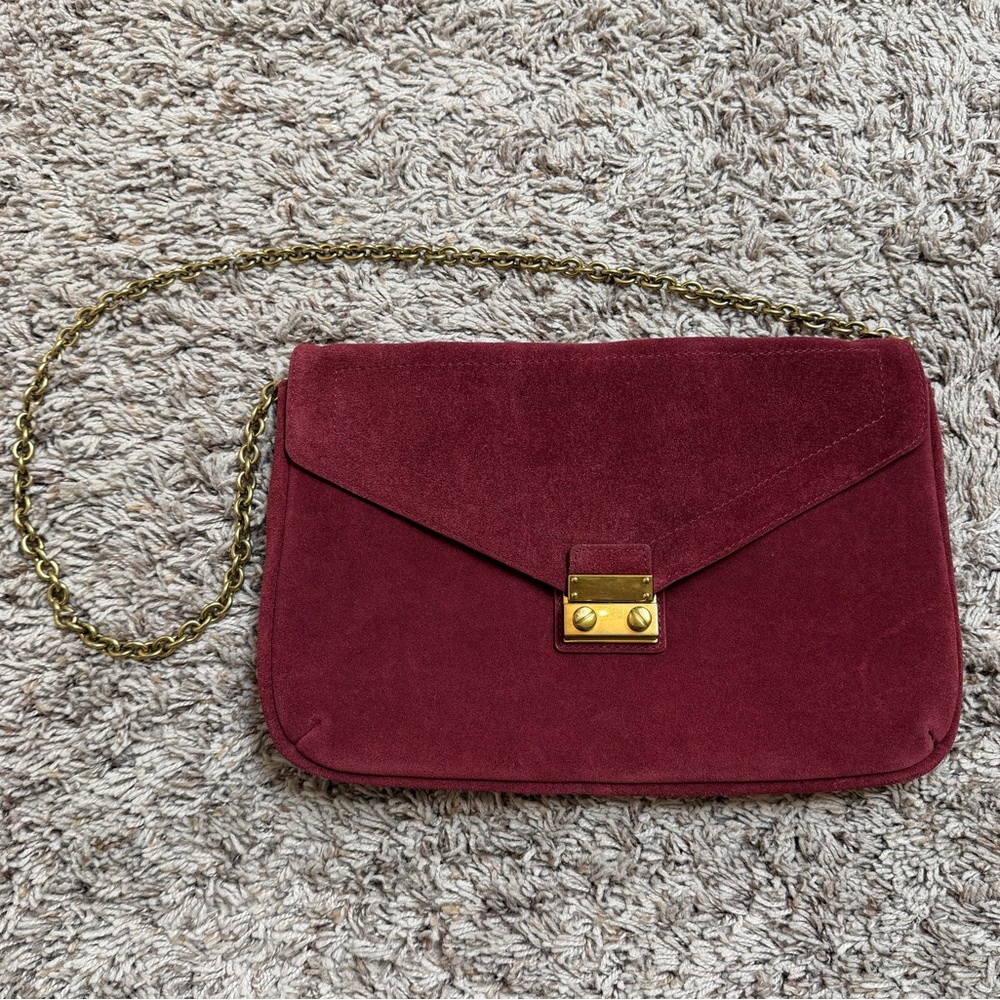 J. Crew Envelope Clutch in Burgundy Suede with Gold Hardware